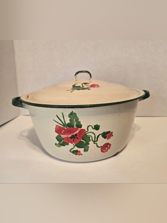 Source Unknown Other - Vintage 1970s Cream Enamel Pot with Red Floral Design,Green Trim.